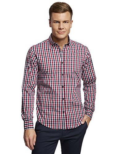 oodji Ultra Hombre Camisa Entallada a Cuadros, Rojo, 41