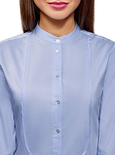 oodji Ultra Mujer Camisa con Pechera y Cuello Mao, Azul, ES 40 / M