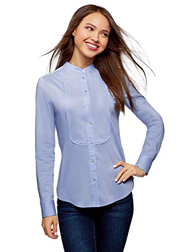 oodji Ultra Mujer Camisa con Pechera y Cuello Mao, Azul, ES 40 / M