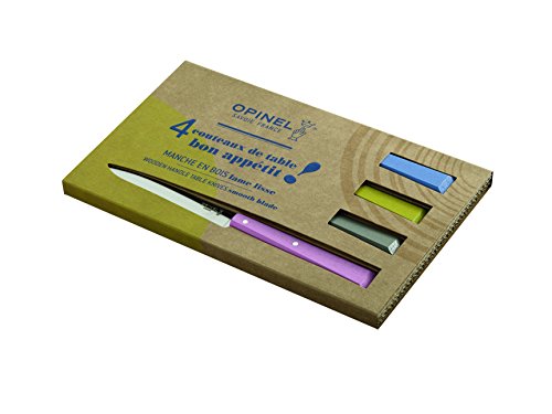 Opinel Caja de 4 Cuchillos de Mesa N°125 Estilo Rustico Mango en Carpe Coloreado Azul/Tilo/Gris/Rosa 001533, Acero Inoxidable