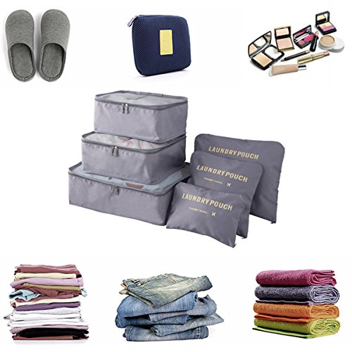 Organizador de Viaje Organizadores para Maletas, EASEHOME 3Pcs Cubos de Embalaje + 3pcs Bolsas de Almacenamiento para Ropa Zapato Cosmético Impermeable Bolsa de Lavandería, Gris