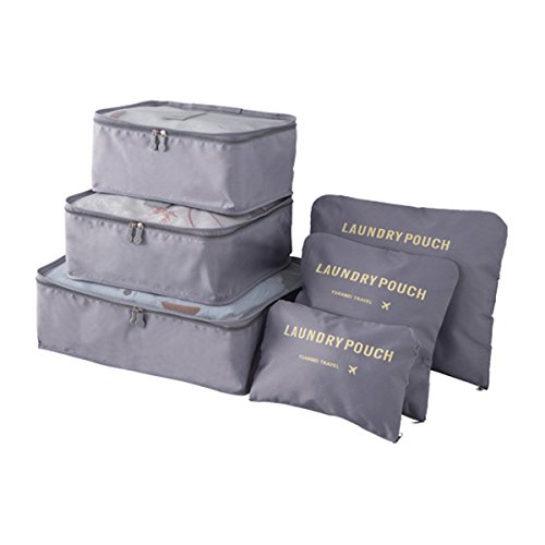 Organizador de Viaje Organizadores para Maletas, EASEHOME 3Pcs Cubos de Embalaje + 3pcs Bolsas de Almacenamiento para Ropa Zapato Cosmético Impermeable Bolsa de Lavandería, Gris