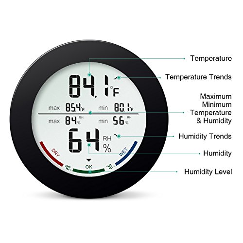 ORIA Digital Termómetro Higrómetro Interior, Medidor Temperatura y Humedad, Temperatura y Humedad Monitor con LCD Pantalla, Min/Max Registros y Tendencia de Temperatura, para Casa y Oficina – Negro