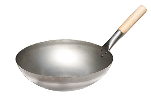 Original chino Wok con mango de madera, acero, diámetro 35 x 9 cm Base Redonda (Wok,, de acero de China Wok, Asia de Wok)