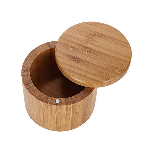 OurLeeme Caja de almacenamiento de especias, caja de almacenamiento de especias de sal de bambú de madera con contenedor de tapa giratoria para tarro de condimento de almacenamiento de cocina