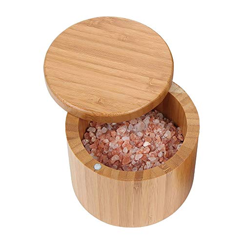 OurLeeme Caja de almacenamiento de especias, caja de almacenamiento de especias de sal de bambú de madera con contenedor de tapa giratoria para tarro de condimento de almacenamiento de cocina