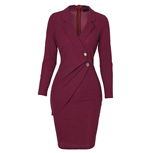 OverDose mujer De Manga Larga con Cuello En V Botones Invierno OtoñO Moda Sexy Delgado Nuevo Casual Bodycon CóCtel Mini Vestido (L, R- Rojo Vino)