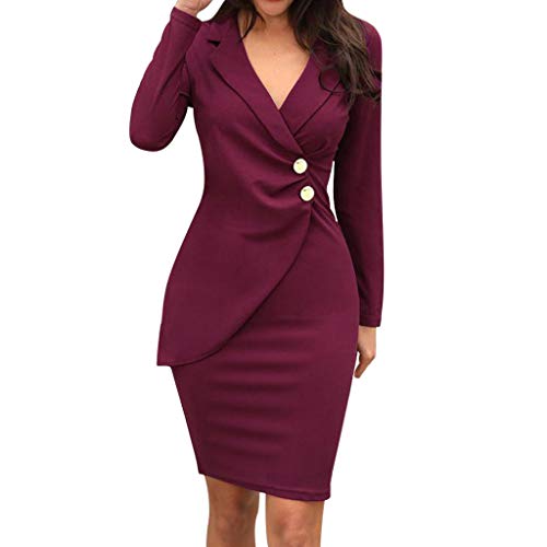 OverDose mujer De Manga Larga con Cuello En V Botones Invierno OtoñO Moda Sexy Delgado Nuevo Casual Bodycon CóCtel Mini Vestido (L, R- Rojo Vino)