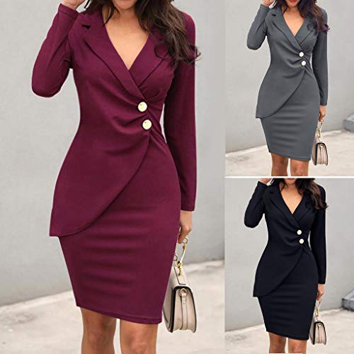 OverDose mujer De Manga Larga con Cuello En V Botones Invierno OtoñO Moda Sexy Delgado Nuevo Casual Bodycon CóCtel Mini Vestido (L, R- Rojo Vino)