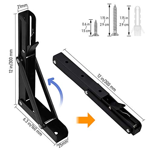 O'woda 2PCS Soporte Estantería Plegable 300mm, Montados en la Pared Soporte de Estante Plegable Pesado, Carga Máxima 60 kg, Escuadras para Estanterias Ahorrar Espacio, con Tornillossado, Negro