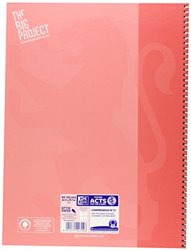 Oxford cuaderno Europeanbook 1, microperforado, tapa extradura, espiral, a4+, cuadrícula 5x5, color rosa chicle