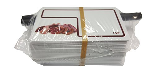 Pack 48 Tarjetas PVC Porta Precios para CARNICERIA + Rotulador Negro de Regalo - Reutilizables y Higienicas - cumplen con la normativa de compatibilidad alimentaria TÜV, ISO CR80 (86x54mm)