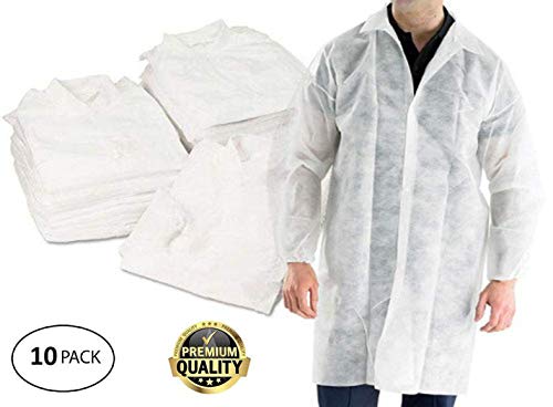 Pack de 10 capas blancas de laboratorio. Unisex desechables de polipropileno. Talla XXL. Cierre de gancho y bucle, cuello, muñecas elásticas, sin bolsillos. Abrigos de poli para uso industrial.