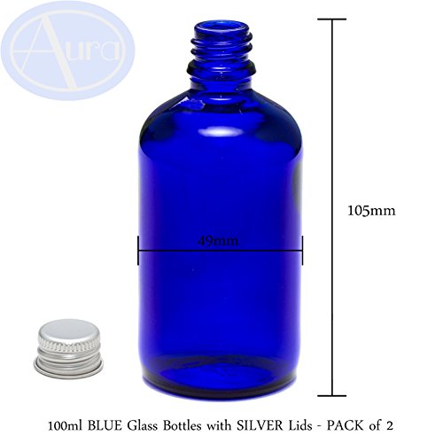 Pack de 2 botellas con tapones de rosca plateados - Cristal azul - 100 ml Uso para aceites esenciales/aromaterapia.