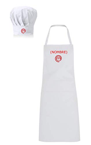 Pack Delantal y Gorro de Chef Bordado con Logo de Masterchef y Nombre Personalizado. (Blanco)