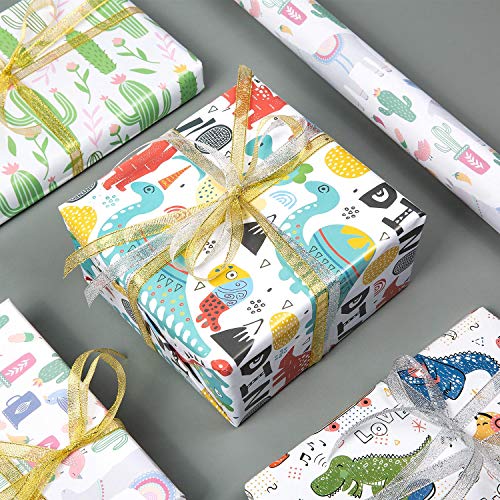 Papel de Regalo， ZWOOS Hojas Papel De Envoltura De Regalocon con Dinosaurios y Cactus para Cumpleaños, Despedidas de Soltera, Baby shower, Navidad y Más (4 Diseño,70 x 50cm)