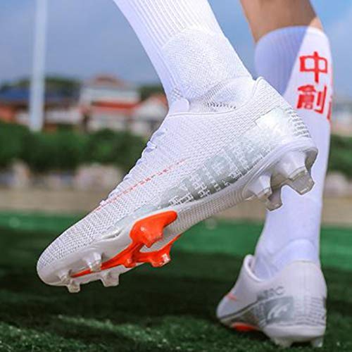 para Hombre de los niños de fútbol Botas de fútbol de Atletismo Zapatos del Top Alto Spikes Zapatos de la Zapatilla Zapatillas de Deporte de Competencia Profesional,White AG-40