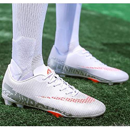 para Hombre de los niños de fútbol Botas de fútbol de Atletismo Zapatos del Top Alto Spikes Zapatos de la Zapatilla Zapatillas de Deporte de Competencia Profesional,White AG-40