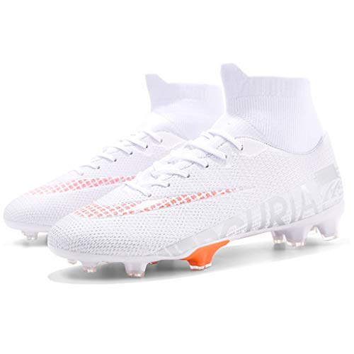 para Hombre de los niños de fútbol Botas de fútbol de Atletismo Zapatos del Top Alto Spikes Zapatos de la Zapatilla Zapatillas de Deporte de Competencia Profesional,White AG-40