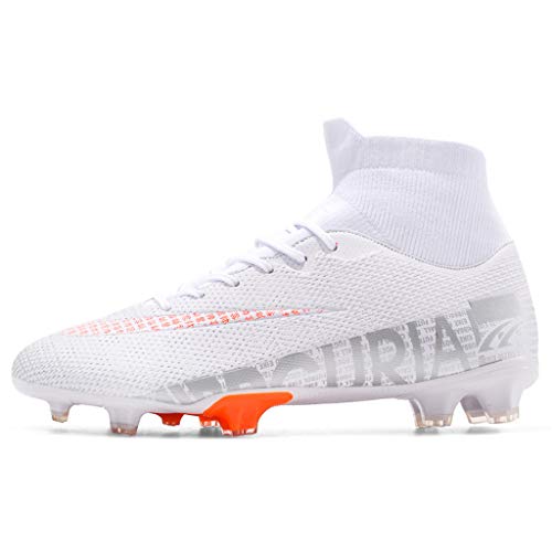 para Hombre de los niños de fútbol Botas de fútbol de Atletismo Zapatos del Top Alto Spikes Zapatos de la Zapatilla Zapatillas de Deporte de Competencia Profesional,White AG-40