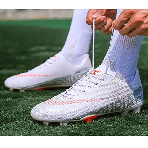 para Hombre de los niños de fútbol Botas de fútbol de Atletismo Zapatos del Top Alto Spikes Zapatos de la Zapatilla Zapatillas de Deporte de Competencia Profesional,White AG-40