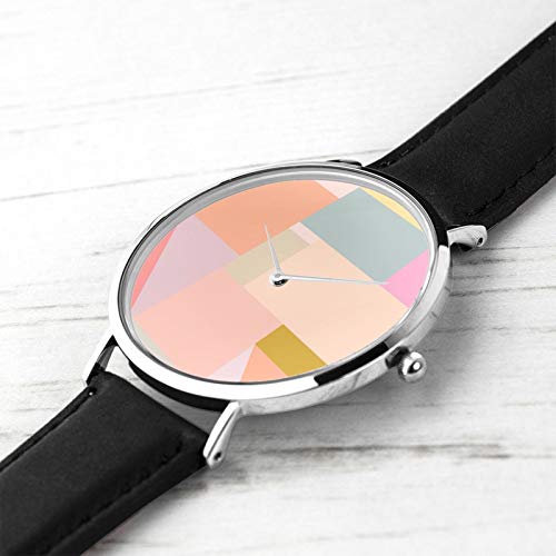 Pastel Geométrico Diseño Gráfico Reloj de Cuarzo Movimiento Impermeable Correa de Reloj de Cuero para Hombres Mujeres Simple Business Casual Reloj