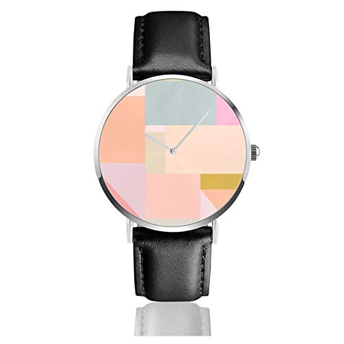 Pastel Geométrico Diseño Gráfico Reloj de Cuarzo Movimiento Impermeable Correa de Reloj de Cuero para Hombres Mujeres Simple Business Casual Reloj
