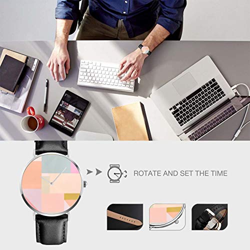 Pastel Geométrico Diseño Gráfico Reloj de Cuarzo Movimiento Impermeable Correa de Reloj de Cuero para Hombres Mujeres Simple Business Casual Reloj