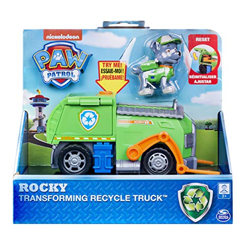 PAW PATROL 6053387 Rocky's Camión de Reciclaje Transformador con Herramientas de extracción y Carretilla elevadora móvil, para Edades de 3 y más, Multicolor