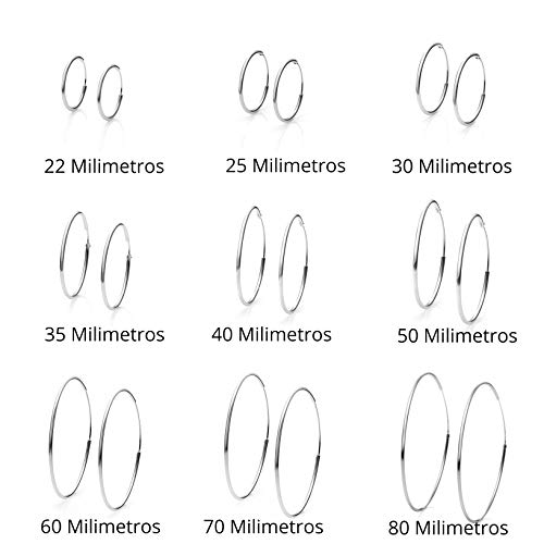 Pendientes Aros Plata Mujer de 22-25-30-40-50-55-60-70 y 80 mm. Regalos para tu Novia Originales en Plata de Ley (35 mm)