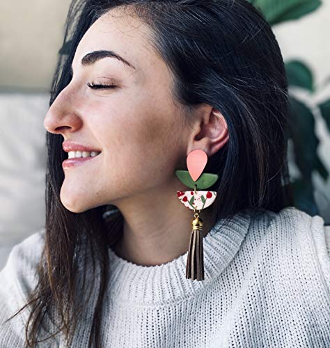 Pendientes Carlota Largo Colgante Floral para Mujer. Pendientes Vintage Clasicos Elegantes Original Artesanal Ariclla Polimerica verde Oliva con flecos Piel Sintética Ocre