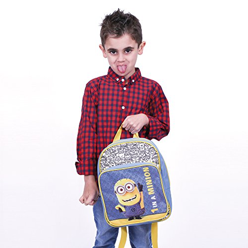 PERLETTI - Mochila de Niño Niña de Mi Villano Favorito Azul Amarillo - Bolso Escolar con Bolsillo Frontal Estampado Bob de Los Minions - Bolsa Escuela Viaje con Tirantes Regulables - 30x24x6,5 cm