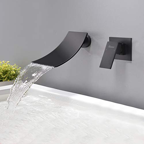 PHASAT Grifo Lavabo Cascada Pared Moderno Mezclador Bañera Empotrado Grifería Baño Monomando Agua fría y Agua Caliente Negro JH088B