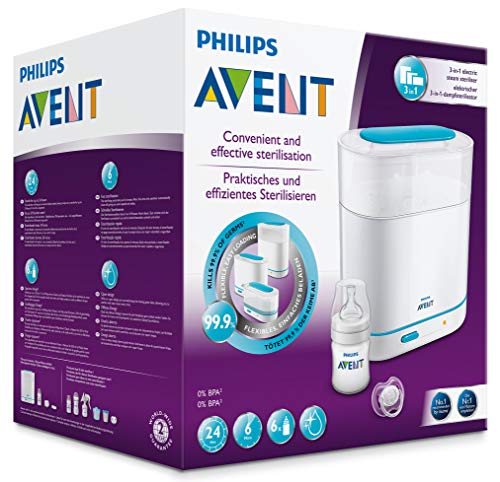 Philips Avent SCF285/02 - Esterilizador a vapor eléctrico 3 en 1 apto para biberones de cuello ancho y estrecho, ciclo de 6 minutos con desconexión automática, elimina un 99,9% de gérmenes dañinos