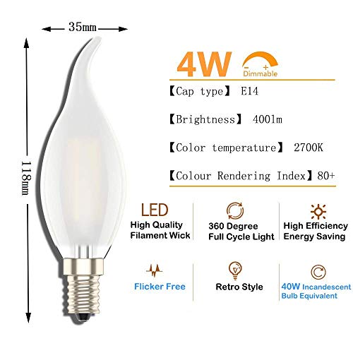 Phoenix-LED Bombillas Vela E14 Luz Calida,Regulable Filamento LED,Carcasa de Vidrio Matte,Edison Estilo Vendimia,Luz Blanca Cálida(2700K),4W Equivalente a 40W, 400 Lúmenes, Pack de 6