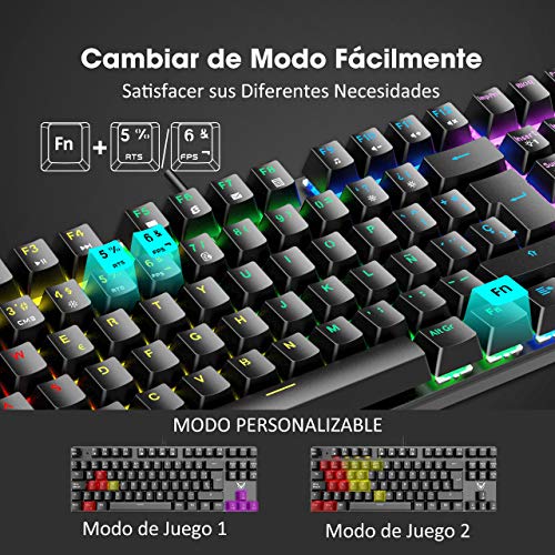 PICTEK Teclado Mecánico Switch Blue con Luz, Teclado Gaming Español LED Rainbow con Switch Azul, 87 Teclas Anti-Ghosting para PC/Mac con Windows - Negro