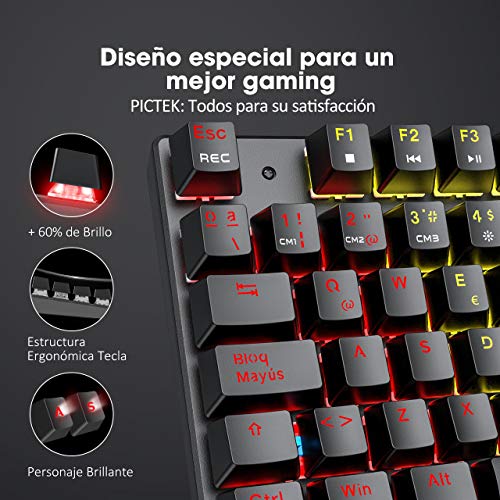 PICTEK Teclado Mecánico Switch Blue con Luz, Teclado Gaming Español LED Rainbow con Switch Azul, 87 Teclas Anti-Ghosting para PC/Mac con Windows - Negro