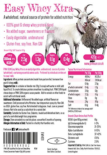 PINK SUN Proteína de Suero de Cabra y Oveja 420g sin Hormonas Neutro sin Sabor sin Gluten sin Soja Easy Whey Xtra Goat and Sheep Whey Protein Concentrate Powder Unflavoured