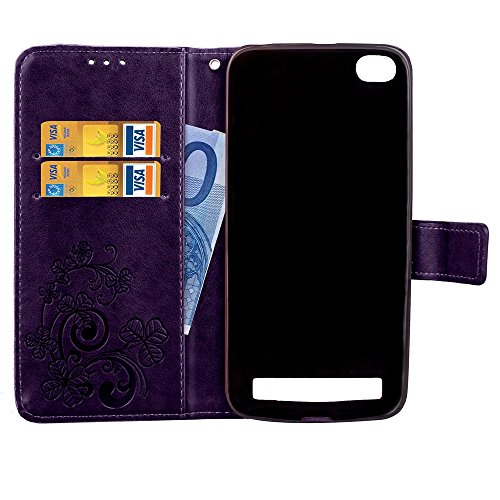 pinlu Funda para Xiaomi Redmi 5A Función de Plegado Flip Wallet Case Cover Carcasa Piel PU Billetera Soporte con Trébol de la Suerte Púrpura