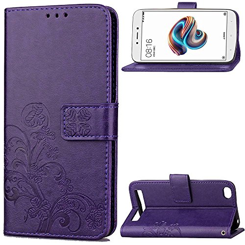 pinlu Funda para Xiaomi Redmi 5A Función de Plegado Flip Wallet Case Cover Carcasa Piel PU Billetera Soporte con Trébol de la Suerte Púrpura