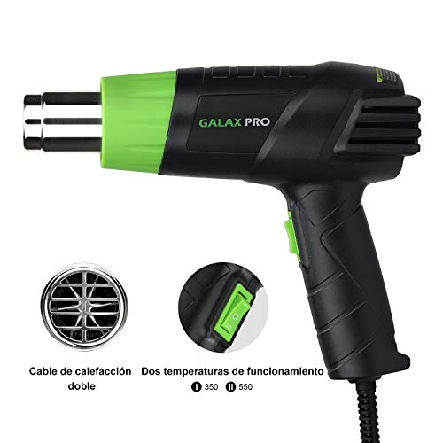 Pistola de Aire Caliente, GALAX PRO 2000W Dos Niveles de Temperaturay Tlujo de Aire Ajustables (Ⅰ: 350 ℃ 250L / min, Ⅱ: 550 ℃ 500L / min) con 4 Boquillas, Doble Protección