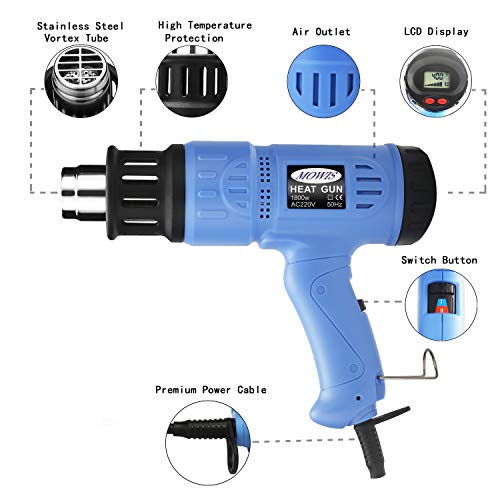 Pistola de Aire Caliente MOWIS calor Decapador Profesional con Pantalla LCD Temperatura Ajustable (100-600℃, 190-500L/min) 4 accesorios para Pelar Pintura, Deformar Tubos, Encoger PVC