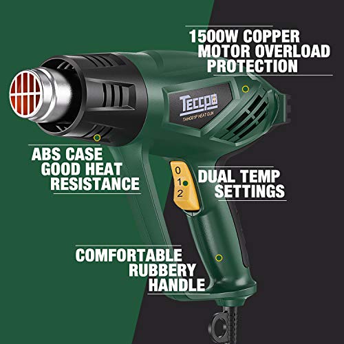 Pistola de Aire Caliente, TECCPO 2000W 240V Decapador Temperatura,Calentamiento rápido, Modo de 2 temperaturas 400℃-550 ℃, Velocidad del Viento 500L / Min, 7 Accesorios de Metal - TAHG01P