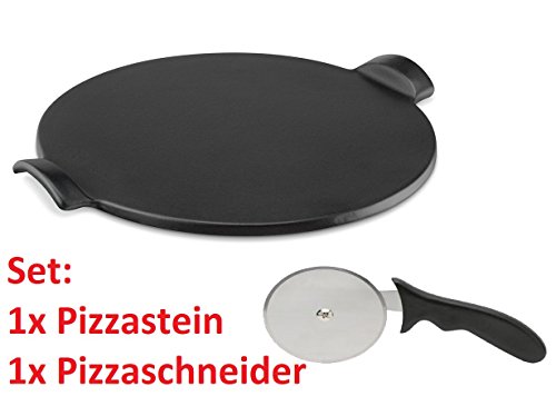 Pizza piedra set, Negro, schamott Panificadora ladrillo Set para horno y barbacoa redonda 33 x 1,1 cm, Ladrillos refractarios, con cortador de pizza. TAMBIÉN Adecuado para el texto en alemán, schamott