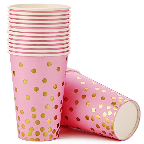 Platos Desechables Fiesta Oro Rosa 200PCS Vajilla Cumpleaños Desechable Dorada Incluye Platos de Papel de 9" y 7",Vasos de 12oz y Servilletas, para Boda, Despedida de Soltera, Cumpleaños(50 Invitados)