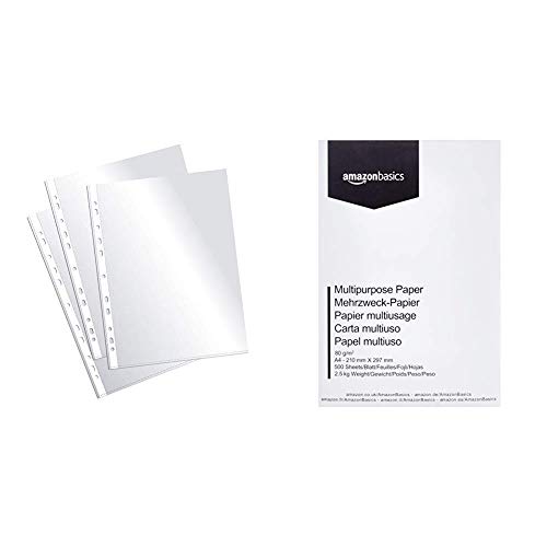 Plus Office EH303A-8/FC - Fundas multitaladro folio-cristal, 90 micras, 100 unidades, transparente & AmazonBasics Papel multiusos para impresora A4 80gsm, 1 paquete, 500 hojas, blanco