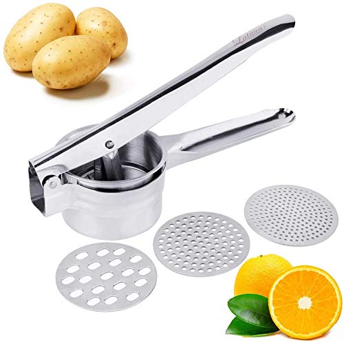 Prensador de frutas y verduras de acero inoxidable, para frutas y verduras con 3 discos intercambiables, asas táctiles de acero inoxidable, fácil de usar y limpiar (plateado)