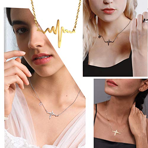 PROSTEEL Collar Colgante de Corazòn ECG Latido Colgante de Acero Inoxidable para Mujer ECG Wave Romántico Amor Encanto Plateado/Chapado en Oro/Arma Negro