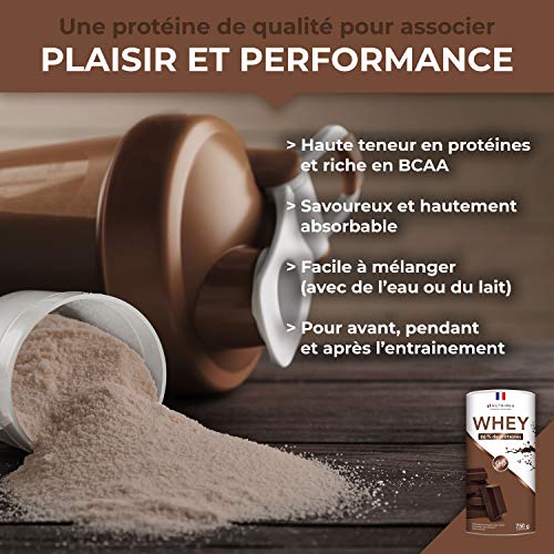 Proteína Whey en Polvo - Suero de leche - Para Entrenar, el Crecimiento Muscular, el Rendimiento, la Recuperación - Sabor a Chocolate - 26 g de proteína por porción - Nutrimea - Fabricado en Francia