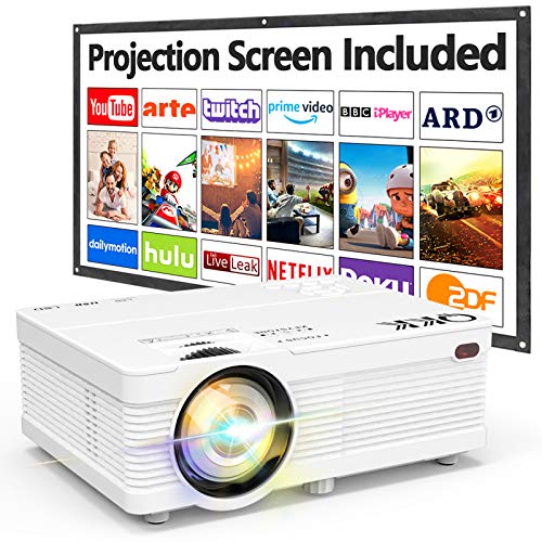 Proyector QKK AK-81 con Pantalla Proyección, 5000 Lumens Proyector Video Soporta 1080P HD, Proyector Nativo 720P Compatible con Smartphone HDMI SD AV USB, Proyector Teatro en Casa, Blanco.